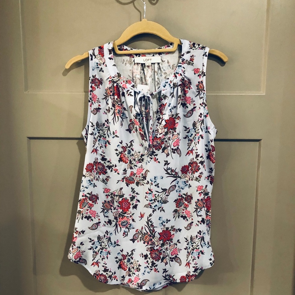 LOFT Sleeveless Light Blue Floral Front Tie Blouse